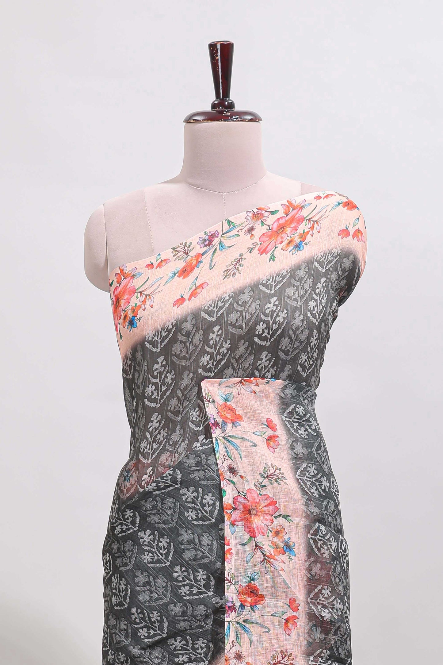 Grey floral design linen cotton saree with contrast floral design border and matching blouse