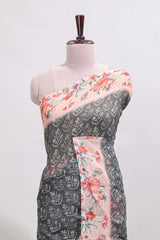Grey floral design linen cotton saree with contrast floral design border and matching blouse