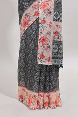 Grey floral design linen cotton saree with contrast floral design border and matching blouse