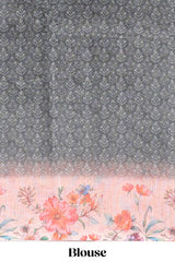 Grey floral design linen cotton saree with contrast floral design border and matching blouse