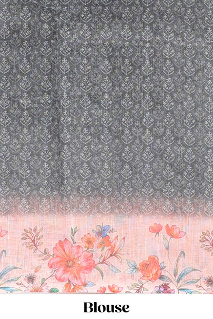 Grey floral design linen cotton saree with contrast floral design border and matching blouse