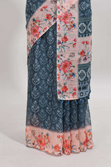 Midnight green floral design linen cotton saree with contrast floral design border and matching blouse