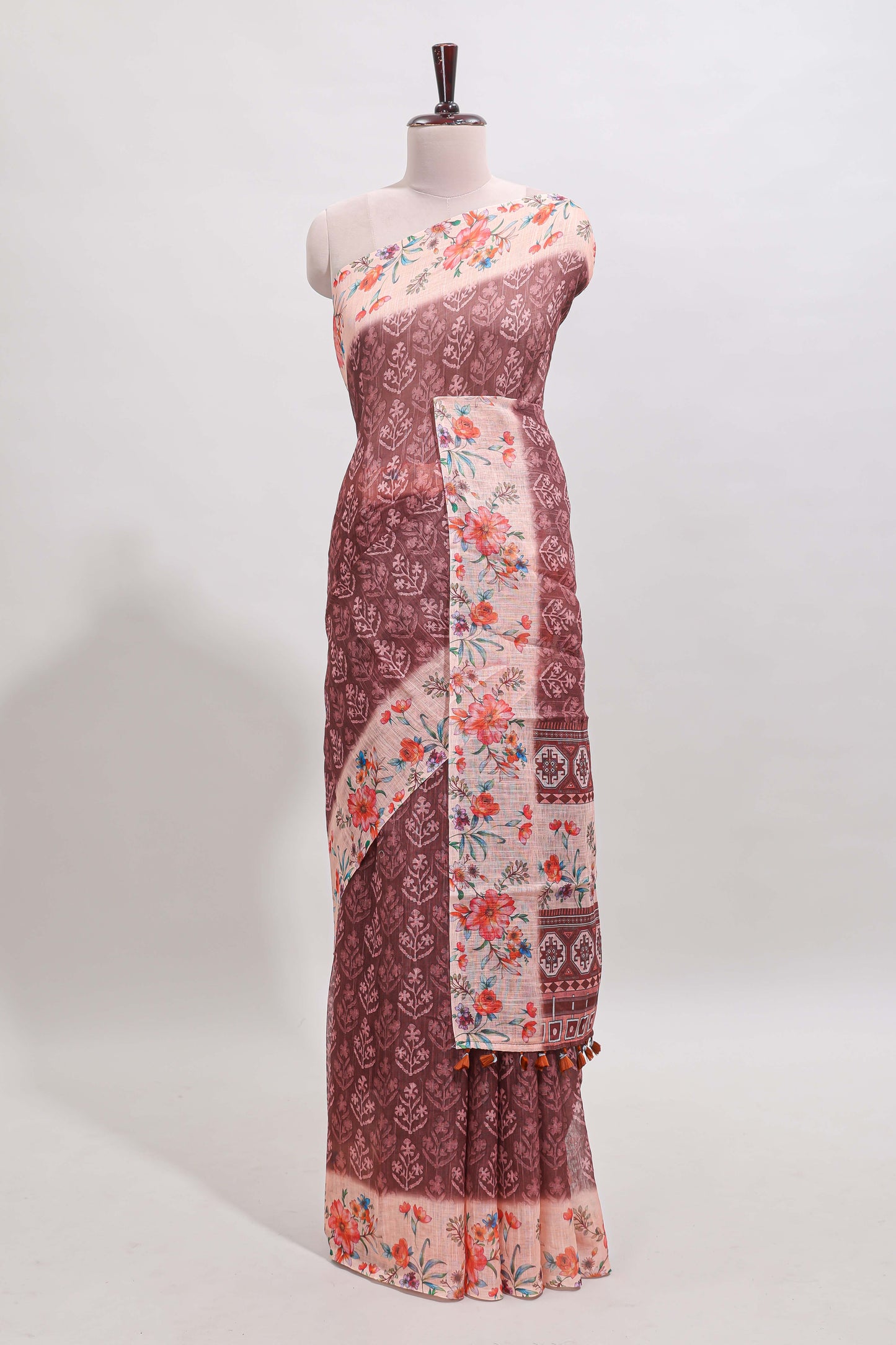 Brown floral design linen cotton saree with contrast floral design border and matching blouse