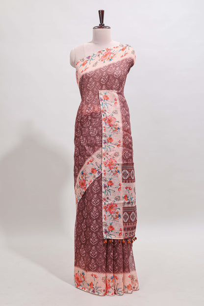 Brown floral design linen cotton saree with contrast floral design border and matching blouse