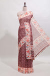 Brown floral design linen cotton saree with contrast floral design border and matching blouse