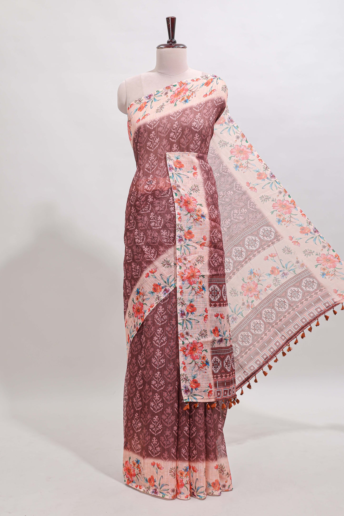 Brown floral design linen cotton saree with contrast floral design border and matching blouse
