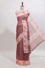 Brown floral design linen cotton saree with contrast floral design border and matching blouse