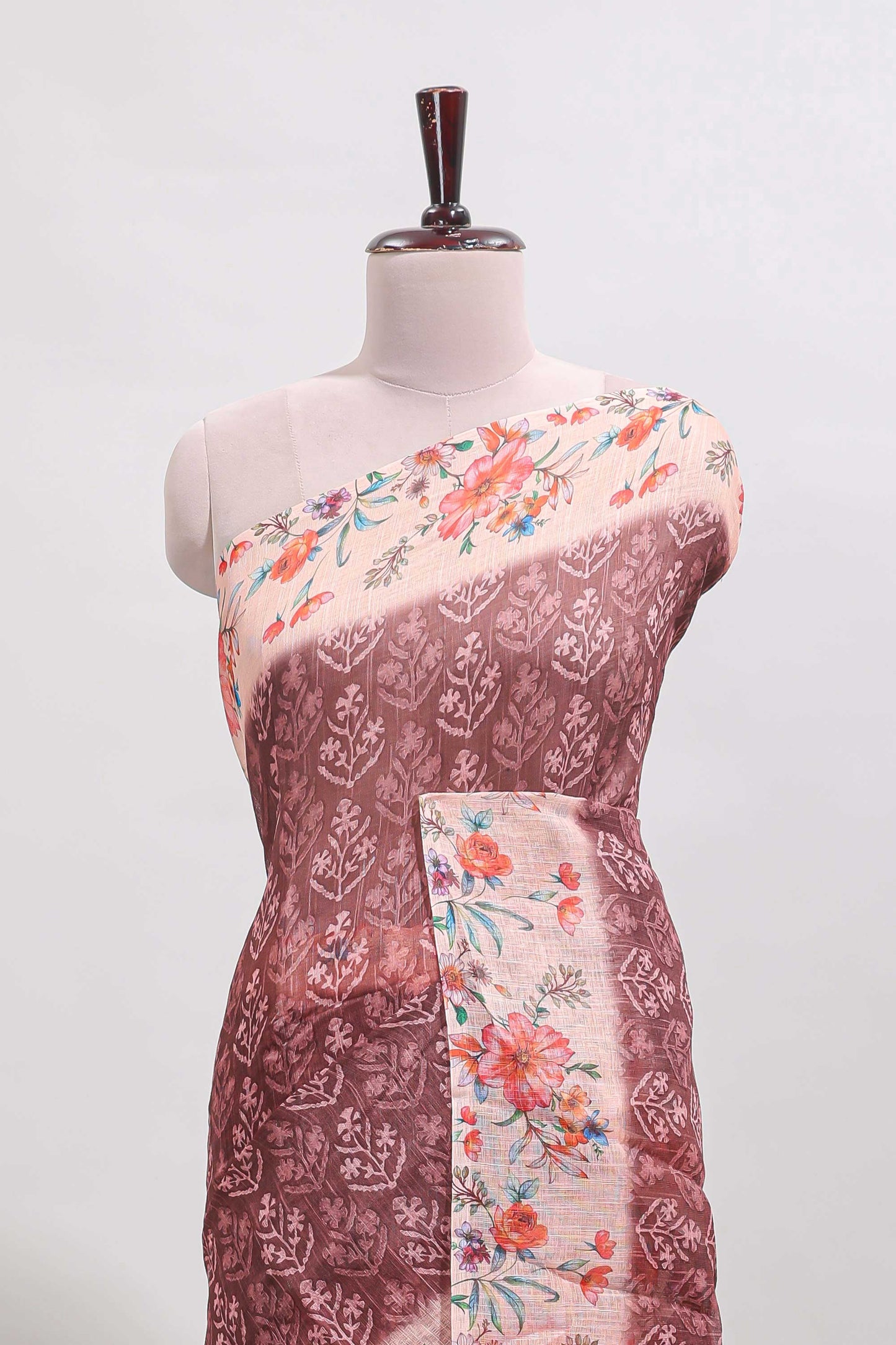 Brown floral design linen cotton saree with contrast floral design border and matching blouse