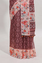Brown floral design linen cotton saree with contrast floral design border and matching blouse