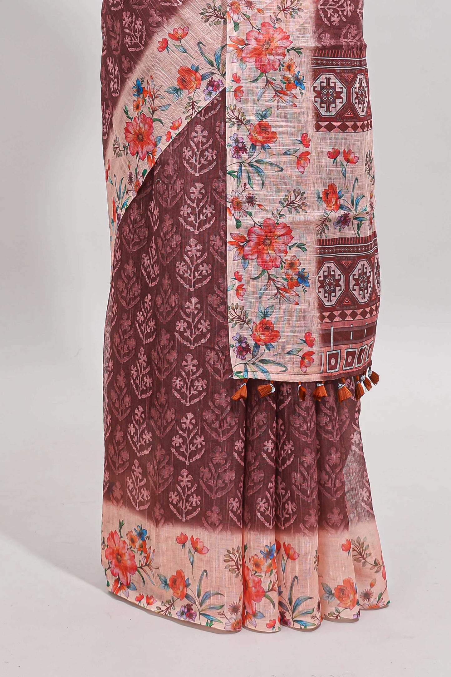 Brown floral design linen cotton saree with contrast floral design border and matching blouse