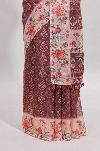 Brown floral design linen cotton saree with contrast floral design border and matching blouse
