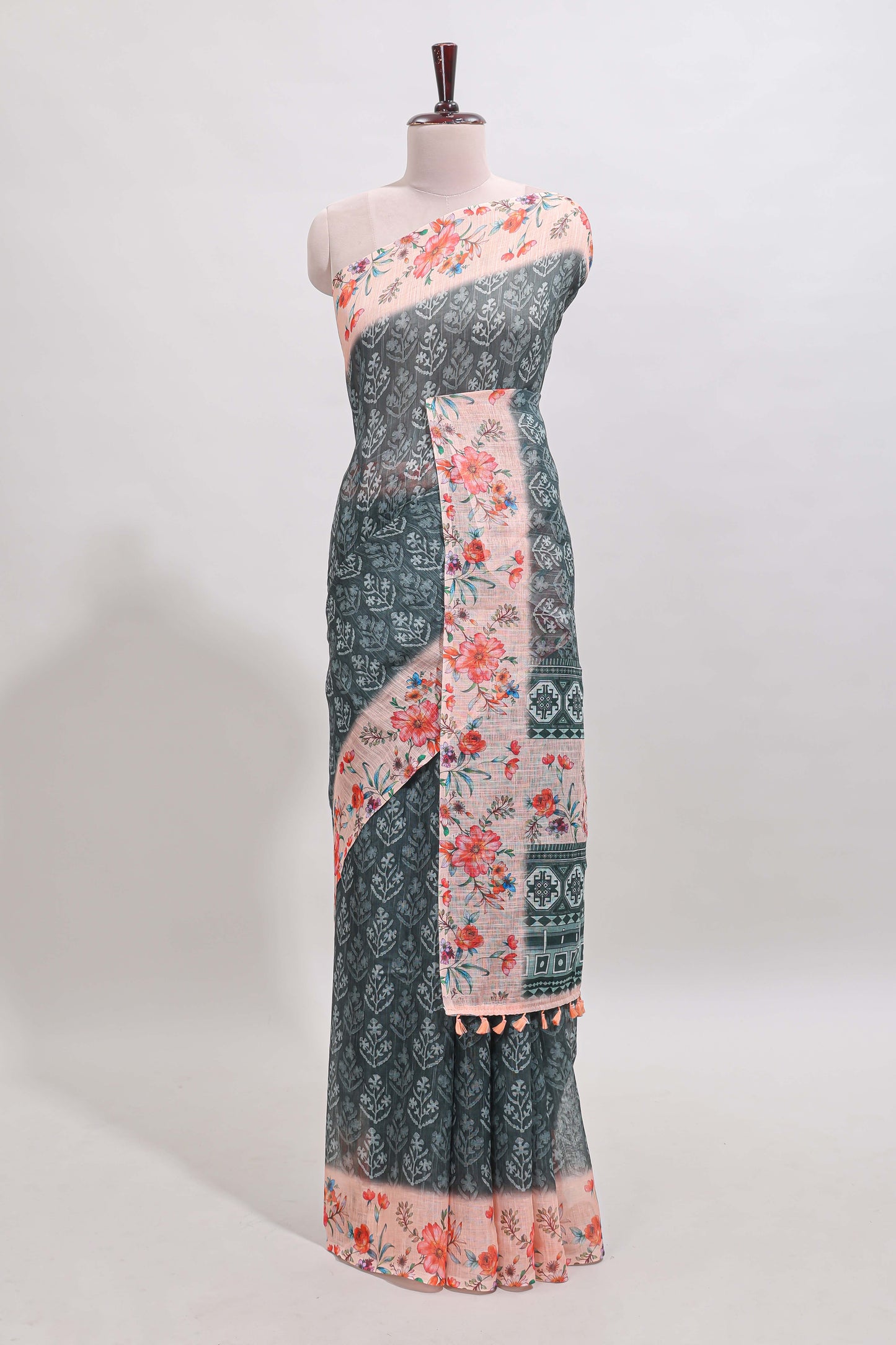 Green floral design linen cotton saree with contrast floral design border and matching blouse
