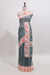 Green floral design linen cotton saree with contrast floral design border and matching blouse