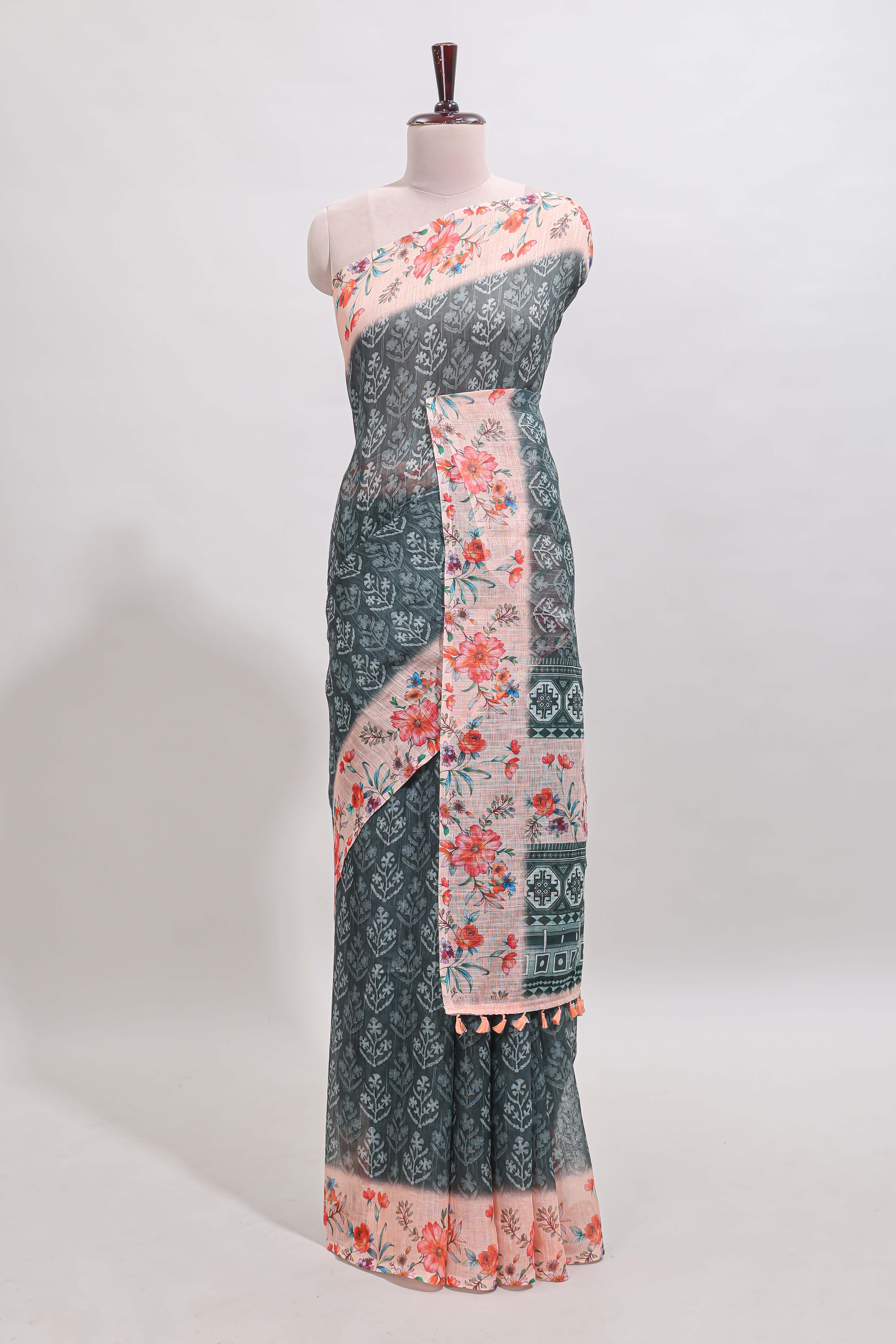 Green floral design linen cotton saree with contrast floral design border and matching blouse