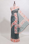 Green floral design linen cotton saree with contrast floral design border and matching blouse