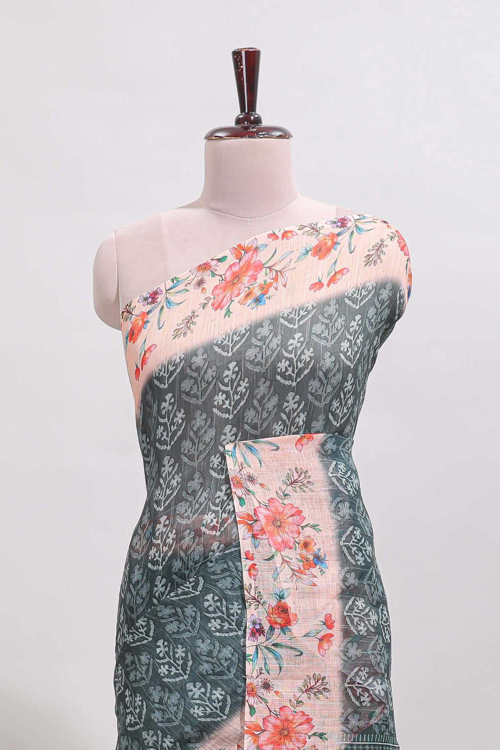 Green floral design linen cotton saree with contrast floral design border and matching blouse