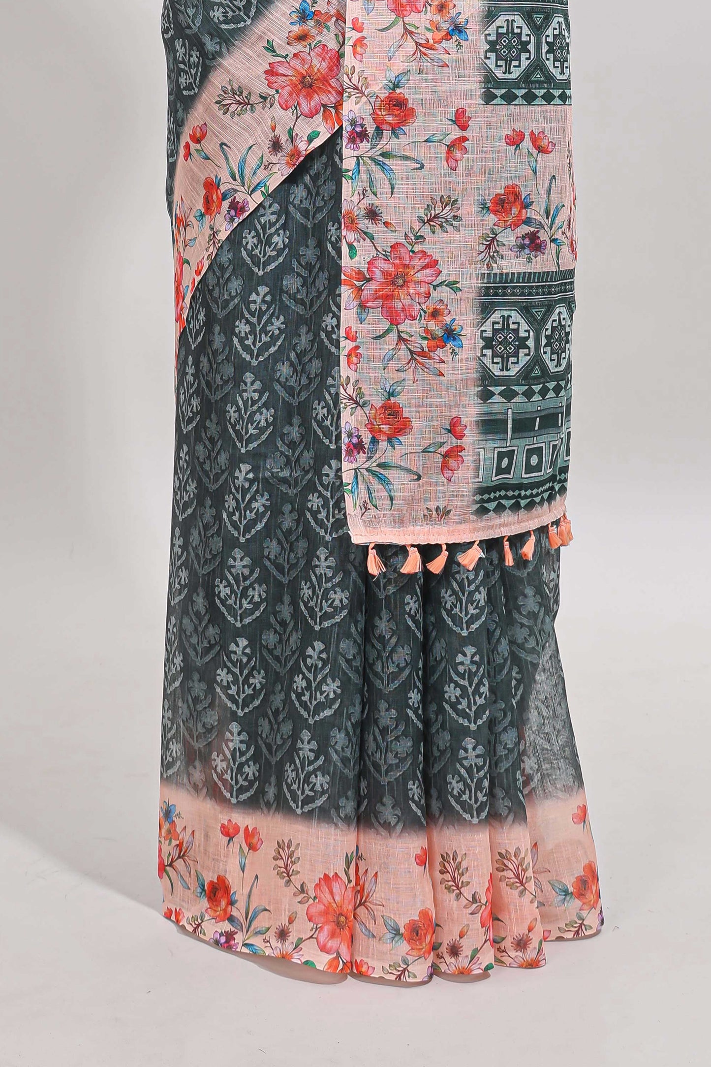 Green floral design linen cotton saree with contrast floral design border and matching blouse