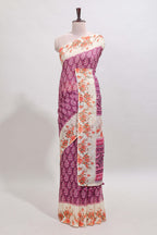 Purple leaf design linen cotton saree with contrast floral design border and matching blouse