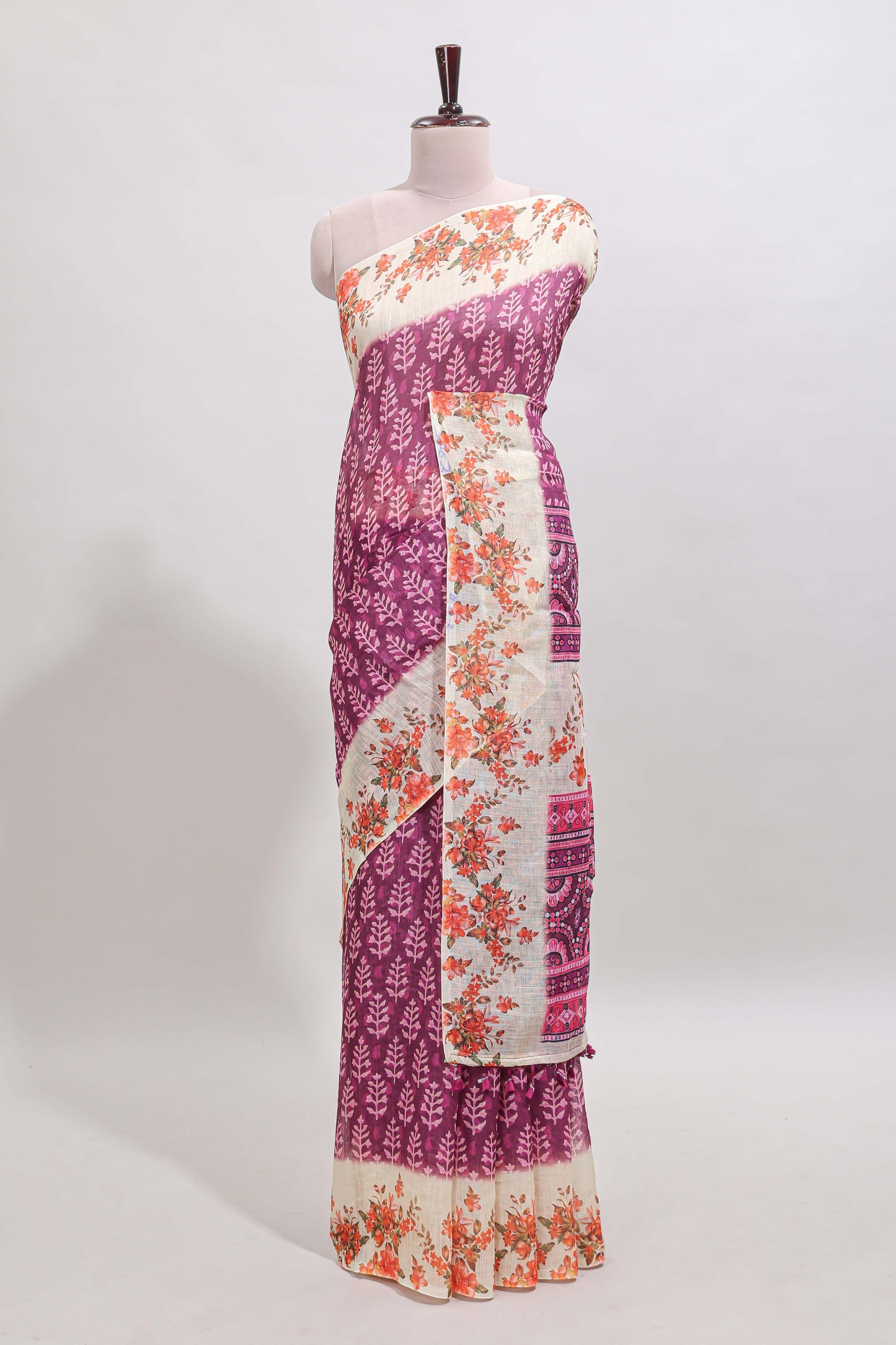 Purple leaf design linen cotton saree with contrast floral design border and matching blouse