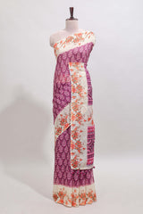 Purple leaf design linen cotton saree with contrast floral design border and matching blouse