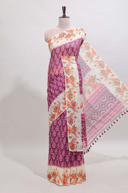 Purple leaf design linen cotton saree with contrast floral design border and matching blouse