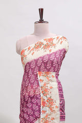 Purple leaf design linen cotton saree with contrast floral design border and matching blouse
