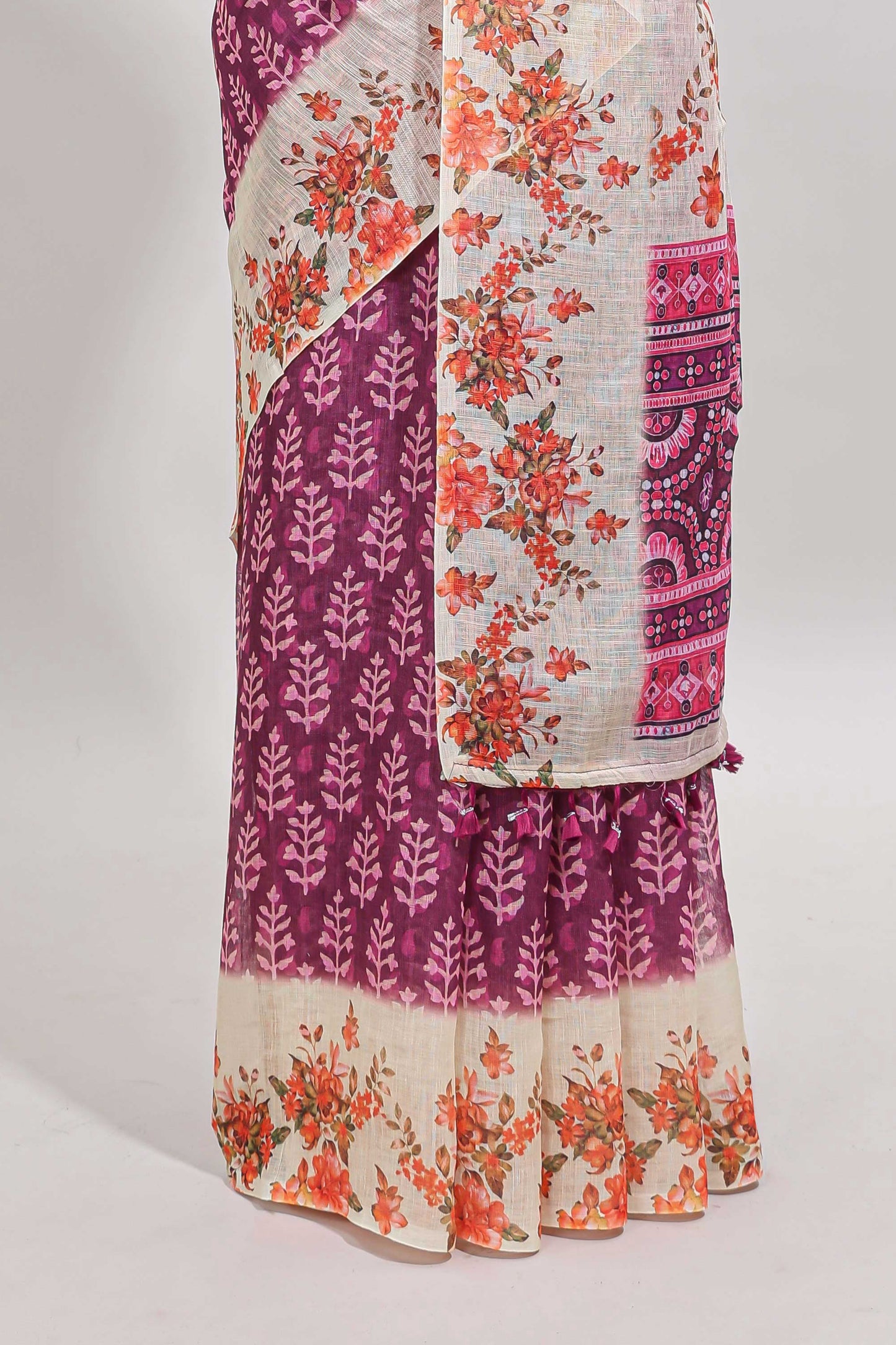 Purple leaf design linen cotton saree with contrast floral design border and matching blouse