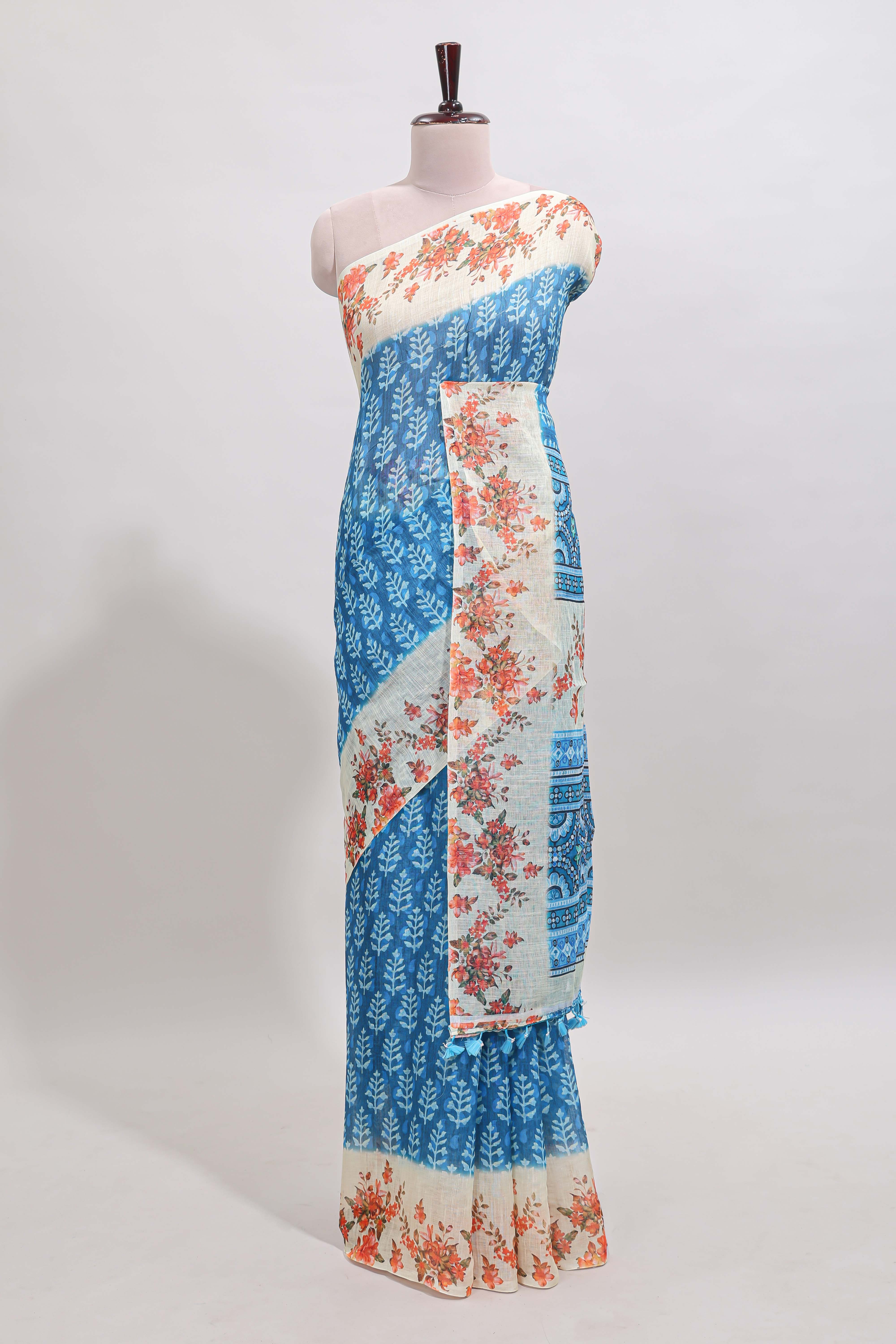 Blue leaf design linen cotton saree with contrast floral design border and matching blouse