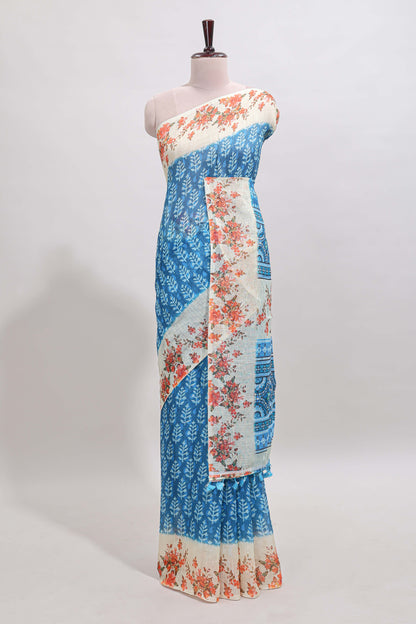 Blue leaf design linen cotton saree with contrast floral design border and matching blouse