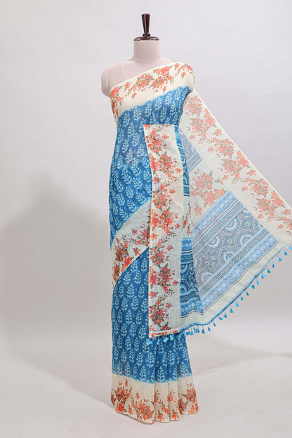 Blue leaf design linen cotton saree with contrast floral design border and matching blouse
