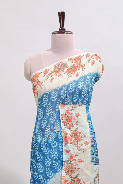 Blue leaf design linen cotton saree with contrast floral design border and matching blouse