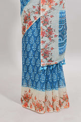 Blue leaf design linen cotton saree with contrast floral design border and matching blouse