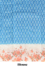 Blue leaf design linen cotton saree with contrast floral design border and matching blouse