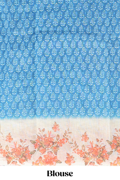 Blue leaf design linen cotton saree with contrast floral design border and matching blouse