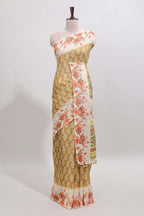Mustard leaf design linen cotton saree with contrast floral design border and matching blouse