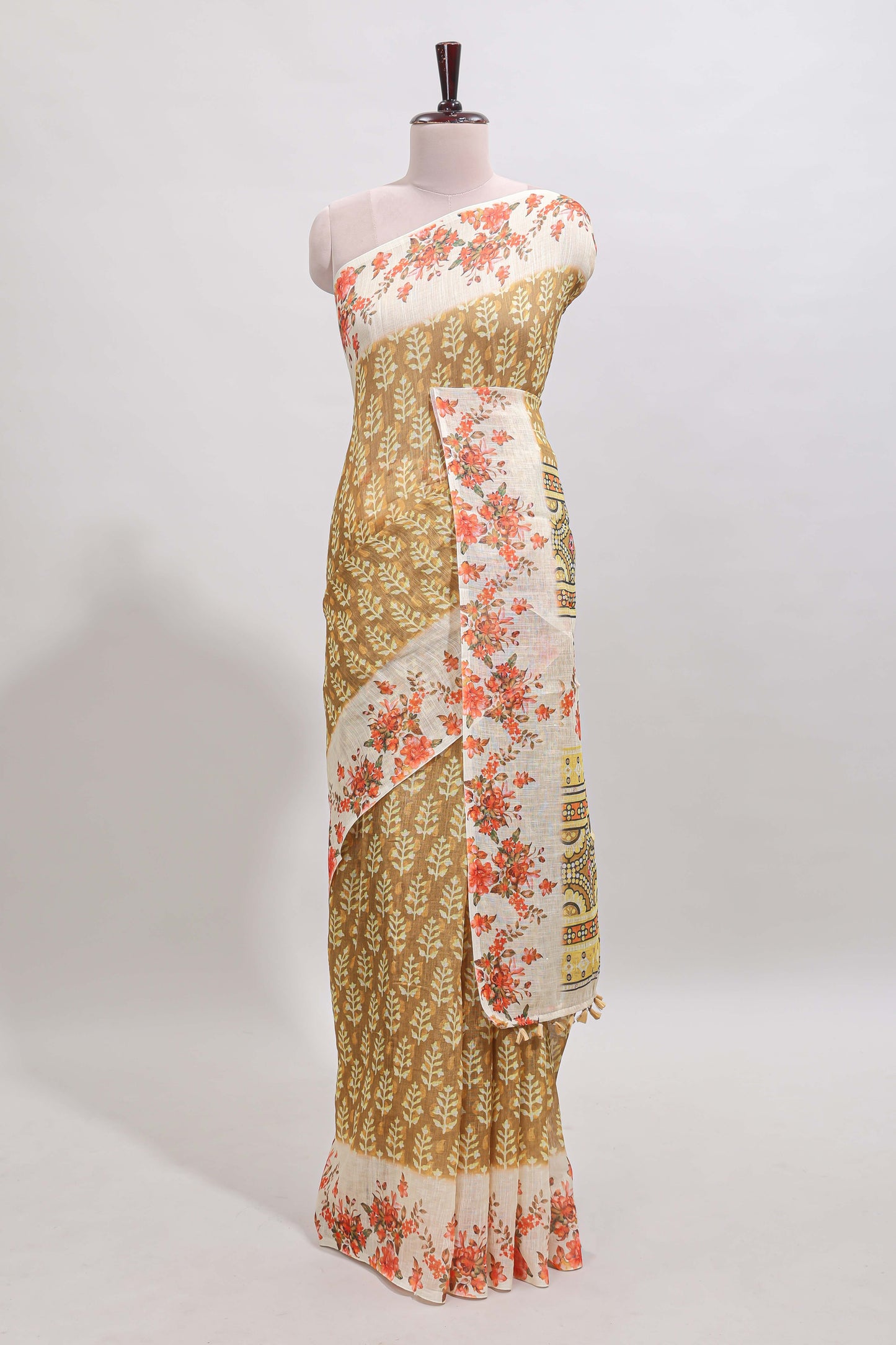 Mustard leaf design linen cotton saree with contrast floral design border and matching blouse