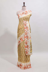 Mustard leaf design linen cotton saree with contrast floral design border and matching blouse