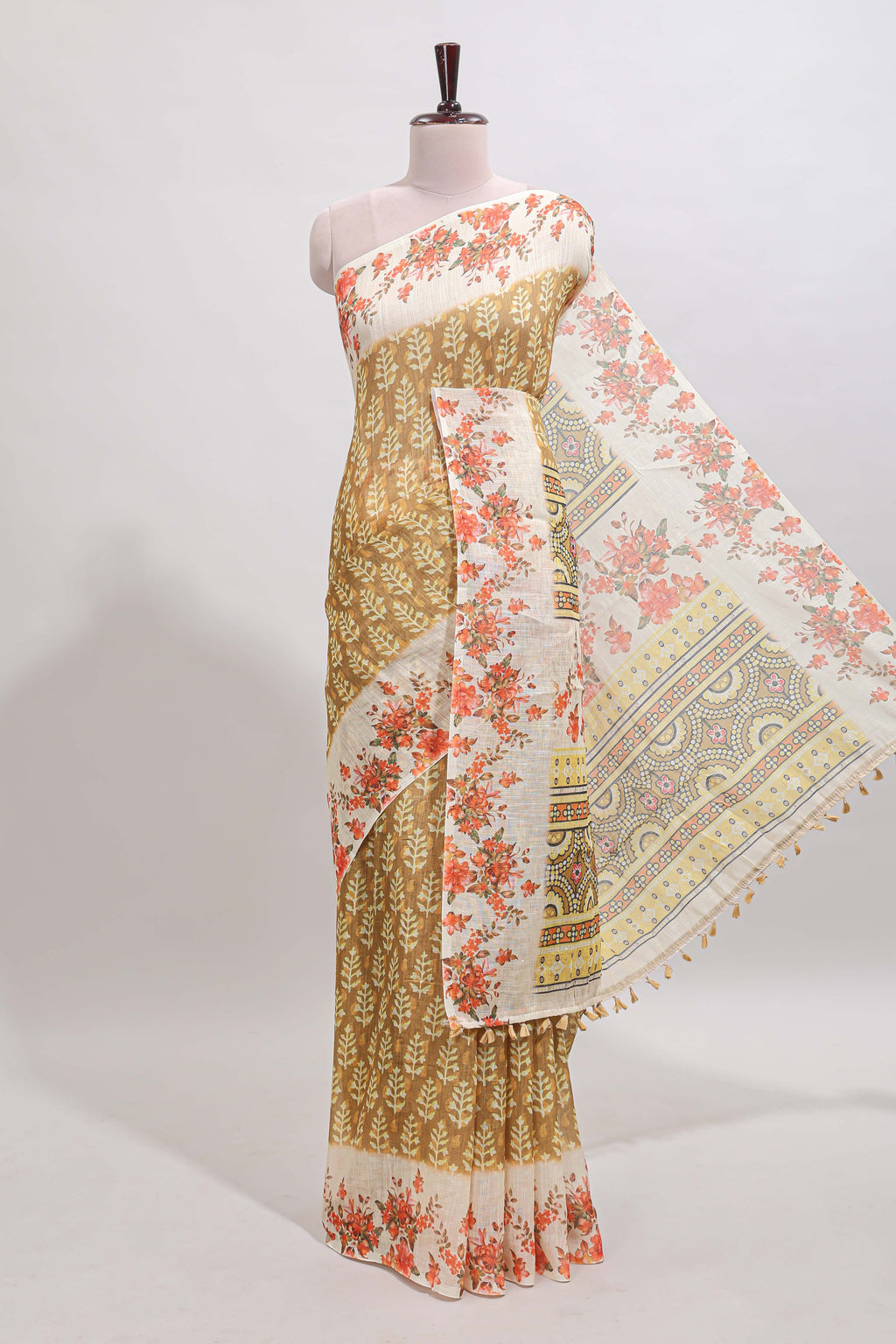 Mustard leaf design linen cotton saree with contrast floral design border and matching blouse