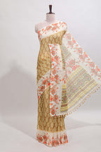Mustard leaf design linen cotton saree with contrast floral design border and matching blouse