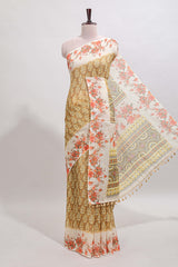 Mustard leaf design linen cotton saree with contrast floral design border and matching blouse