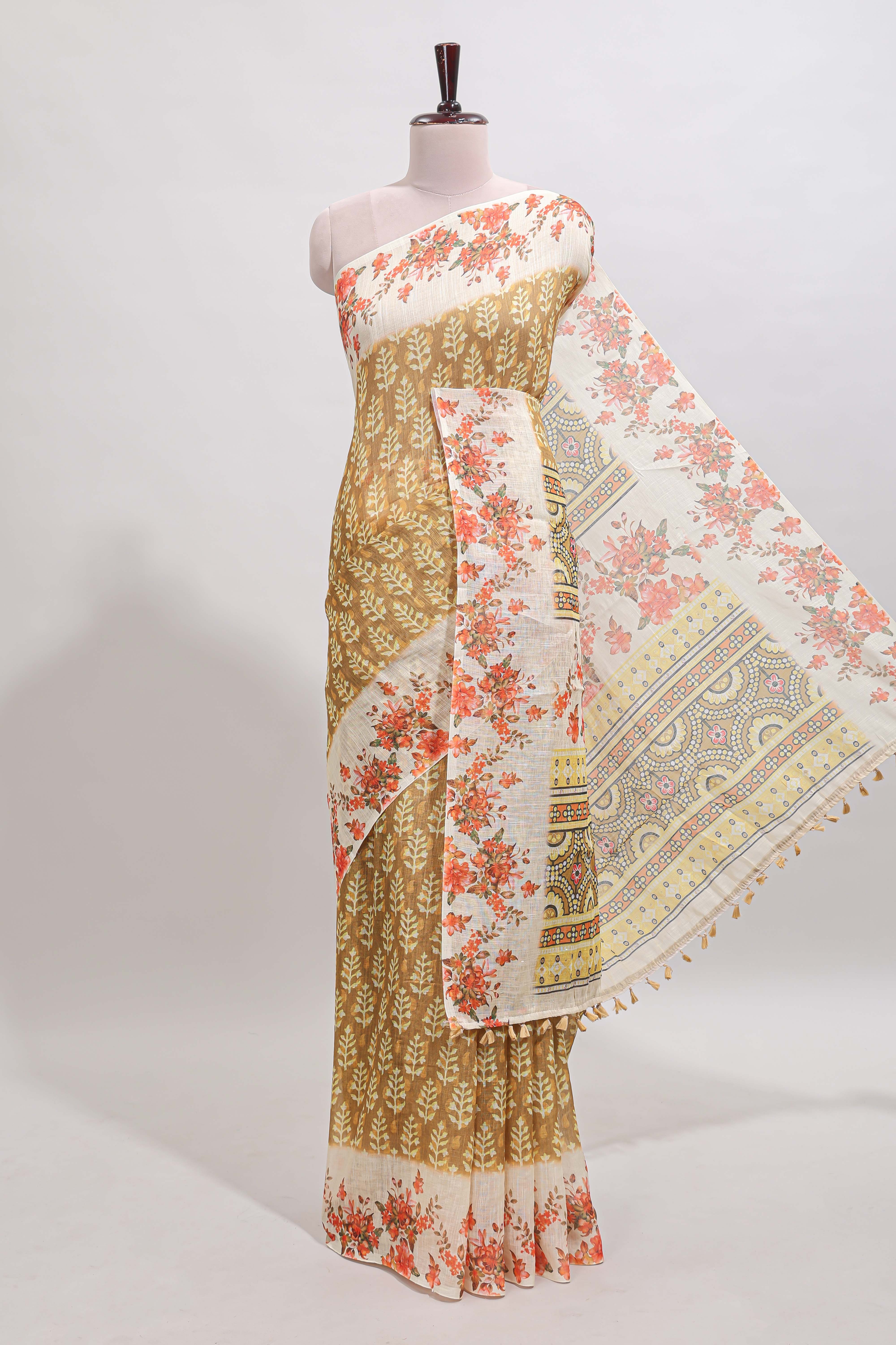 Mustard leaf design linen cotton saree with contrast floral design border and matching blouse
