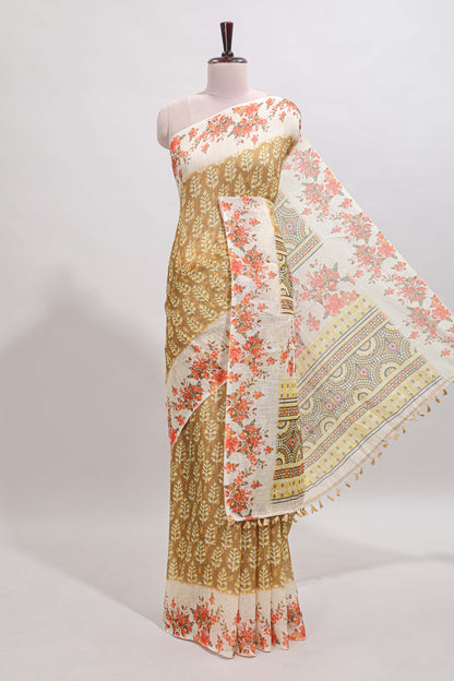 Mustard leaf design linen cotton saree with contrast floral design border and matching blouse