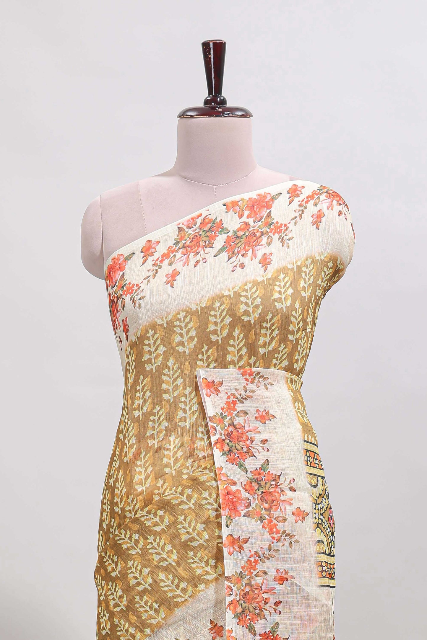 Mustard leaf design linen cotton saree with contrast floral design border and matching blouse
