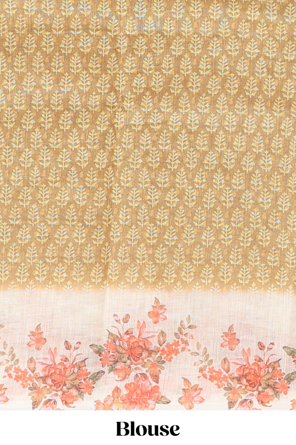 Mustard leaf design linen cotton saree with contrast floral design border and matching blouse