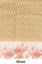 Mustard leaf design linen cotton saree with contrast floral design border and matching blouse