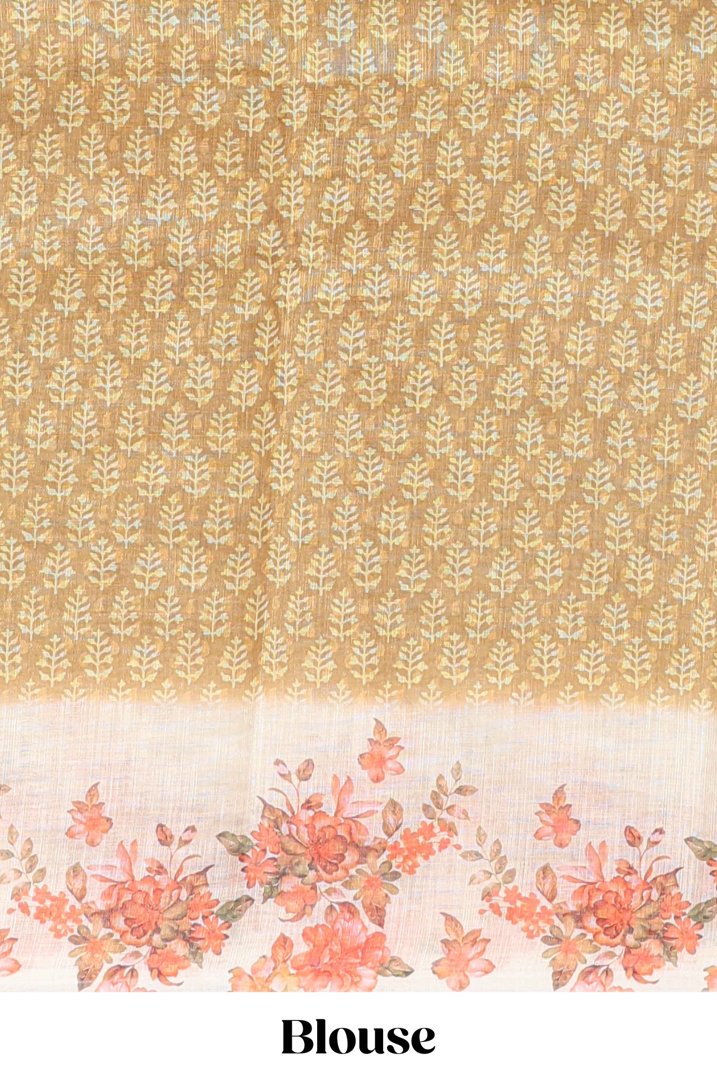 Mustard leaf design linen cotton saree with contrast floral design border and matching blouse