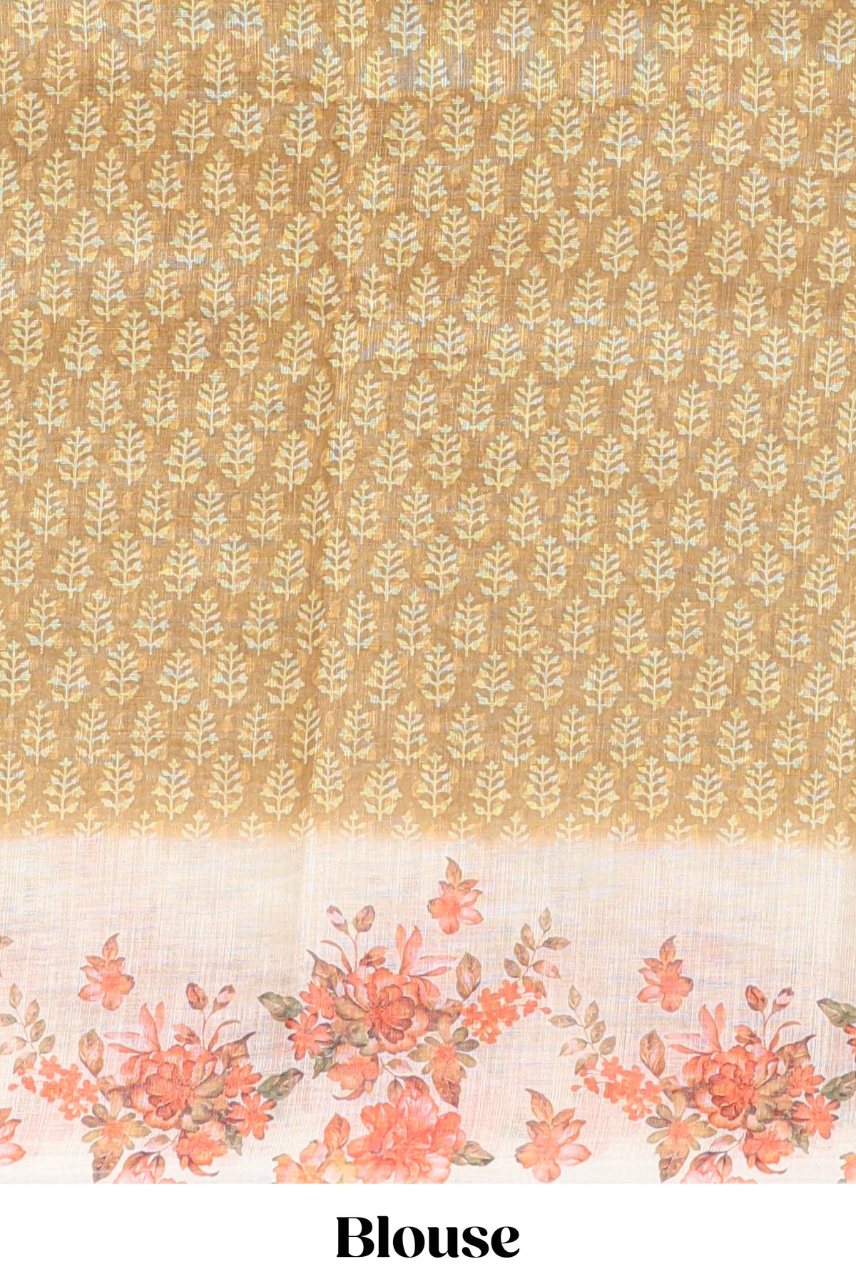 Mustard leaf design linen cotton saree with contrast floral design border and matching blouse