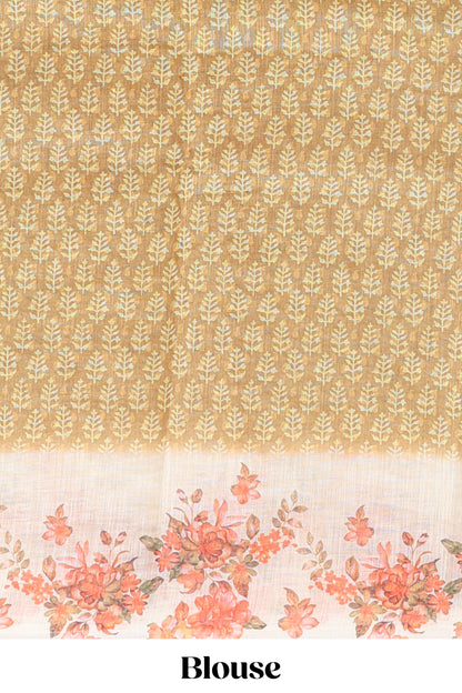 Mustard leaf design linen cotton saree with contrast floral design border and matching blouse