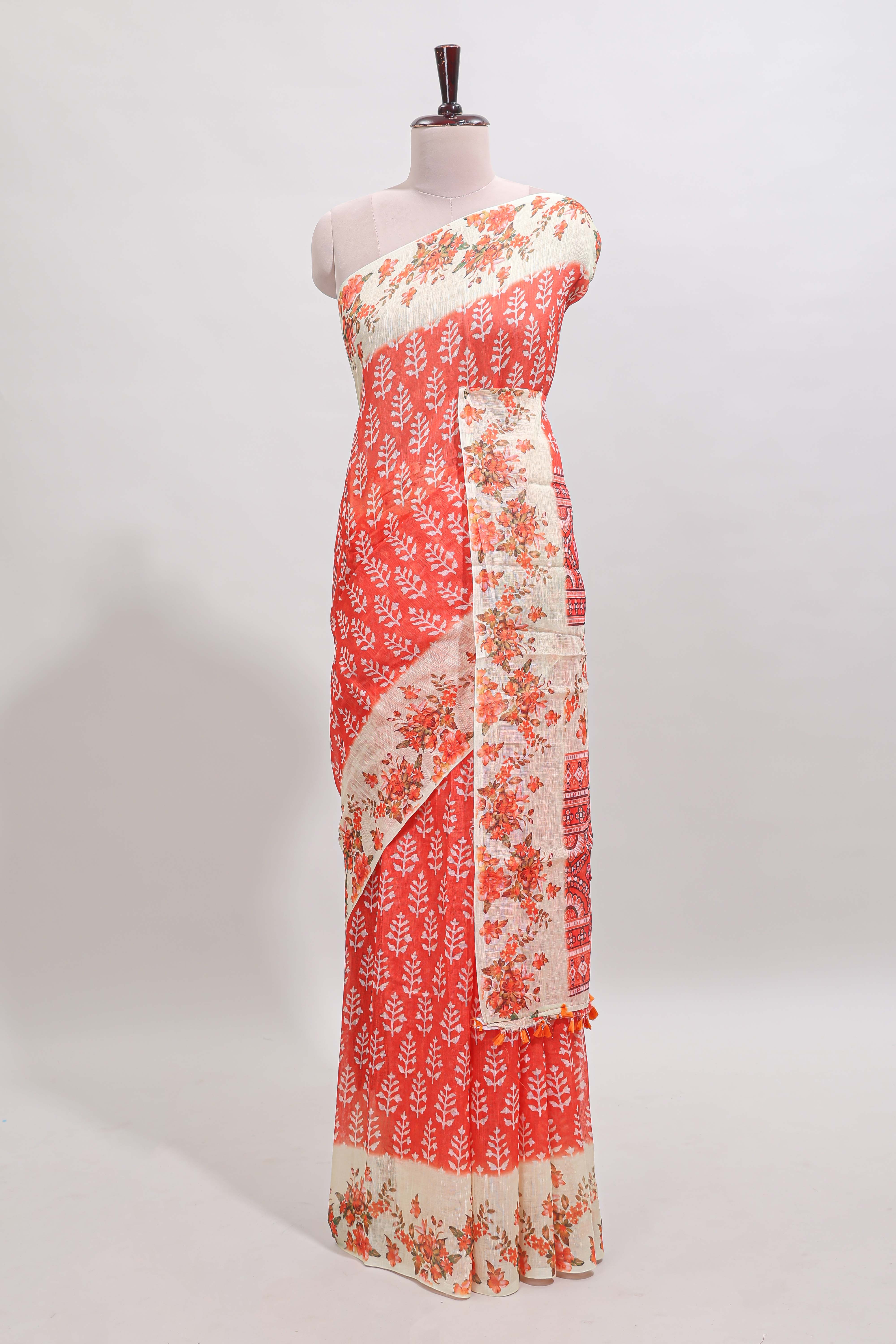 Orange leaf design linen cotton saree with contrast floral design border and matching blouse