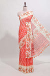 Orange leaf design linen cotton saree with contrast floral design border and matching blouse